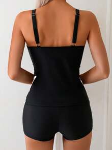 Stylish Women's Tankini Set With Round Neck Floral Tape Top And Solid Black Swim Shorts Casual And Sexy Medium Stretch - Black - View 4