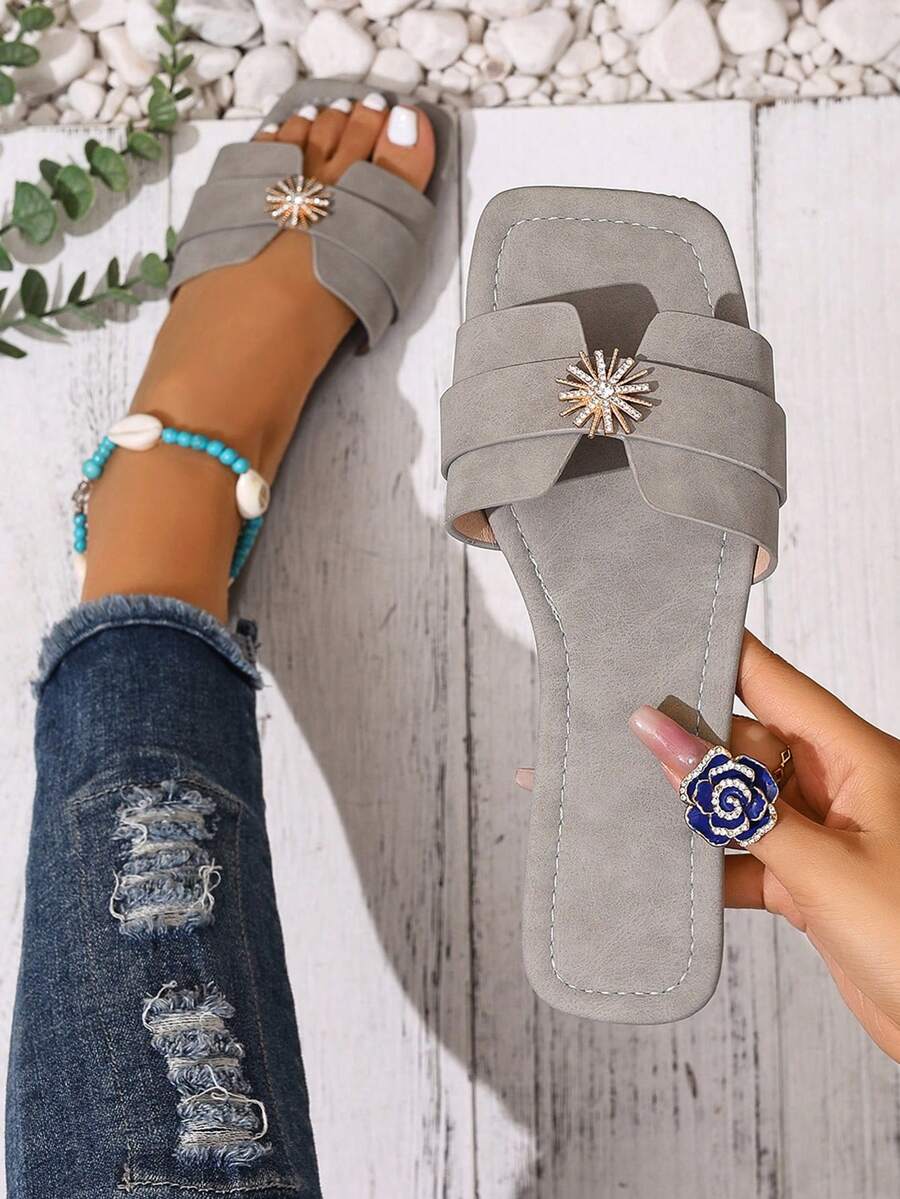 Sandalias de mujer de moda casual con correa, cómodas sandalias planas tipo chanclas para la playa en verano - Gris - Ver 1