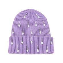 Knit Rhinestone Embellished Hat For Women, Winter Warm Beanies Cap For Outdoor Shopping, Dating, Ski - Màu tím - Xem 6