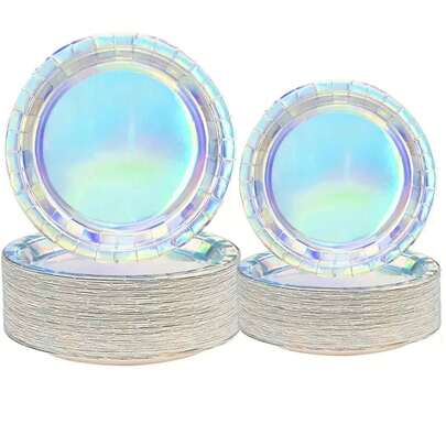 100/50/25 قطعة أطباق ورقية يمكن التخلص منها بتصميم ليزر هولوغرافي، مقاس 7 بوصة و 9 بوصة، مناسبة لحفلات عيد الميلاد والزفاف والتناول والنزهات والحفلات وعيد الفصح وعيد الميلاد