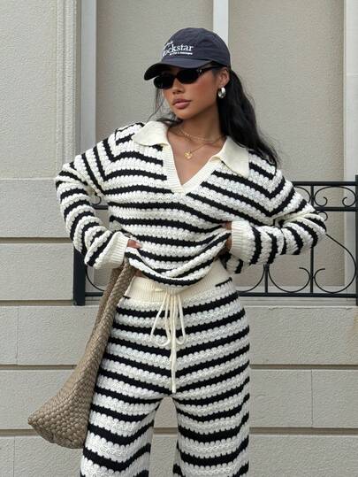 2pcs Women's Autumn/Winter Casual Retro Classic Colorblock Striped Collar Knit Suit Set, Including Sweater And Pants, Suitable For Back To School, Christmas, Date Night, Off-The-Shoulder, Korean Style, Fall, Modest, Party, Y2K, Going Out, Concert, New Year, Winter