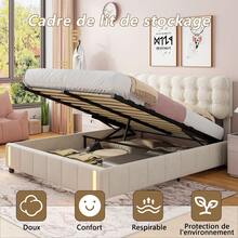 MISNODE Upholstered Bed 140 X 190 / 140 X 200 / 160 X 200cm, Hydraulic Bed With Slatted Frame, Children's Bed, Double Bed, Youth Bed With Storage Space, Beige, Velvet, Suitable For Adults And Teenagers - 米色 - 查看 9