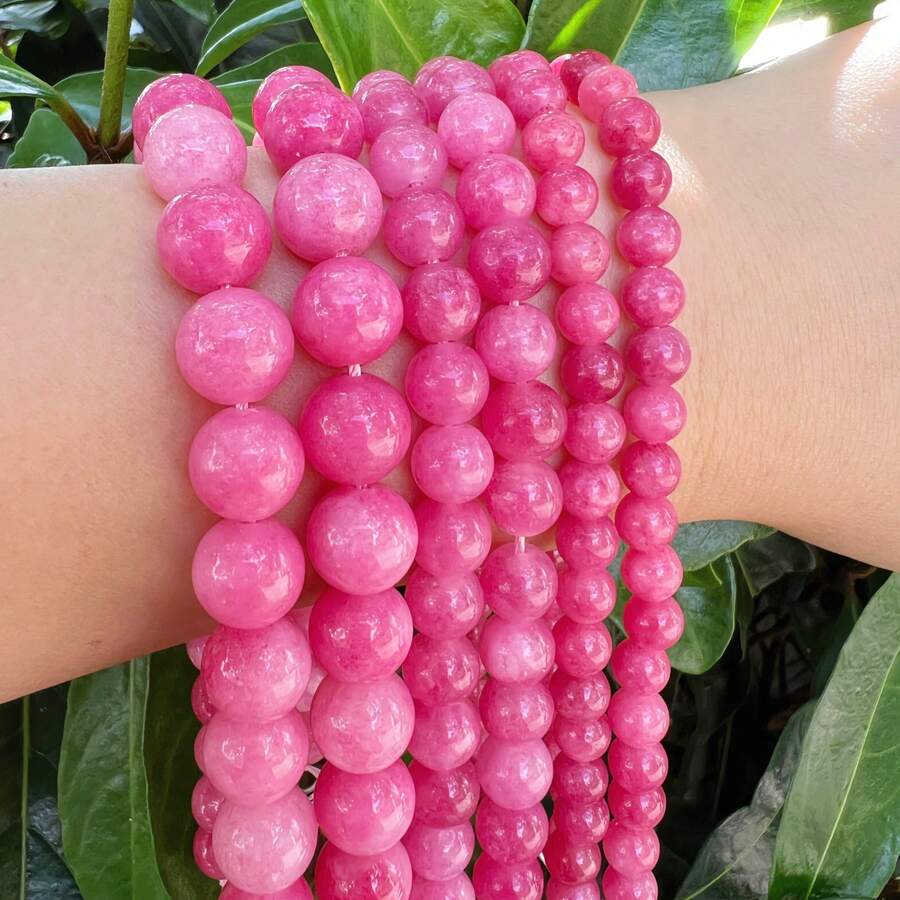 天然粉红玉珠 6 毫米 8 毫米 10 毫米圆形隔珠，适用于珠宝制作，散珠适用于手链项链 DIY，15 英寸串 - 粉色 - 查看 1