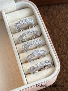 5 件优雅高端奢华闪亮方晶锆石可调节铜戒指套装，适合宴会、派对、婚礼、新娘、女士节日礼物（无礼盒） - 銀色 - 查看 10