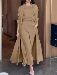 Set 2 bucăți pentru femei, elegant, cu cămașă și pantaloni, culoare solidă, cu crăpături laterale, stil naveta, început de toamnă - Kaki - Vizualizare 4