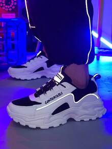 ​Men's  Black And White Chunky Sole Sneakers - Breathable Mesh Upper With Raw Hem Denim For Street Style Comfort, Year-Round Shoes​ - 白黑 - 查看 2