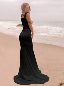 Basrey 黑色心形领带高腰鱼尾晚礼服，伴娘礼服，适合舞会、毕业典礼、宴会等场合