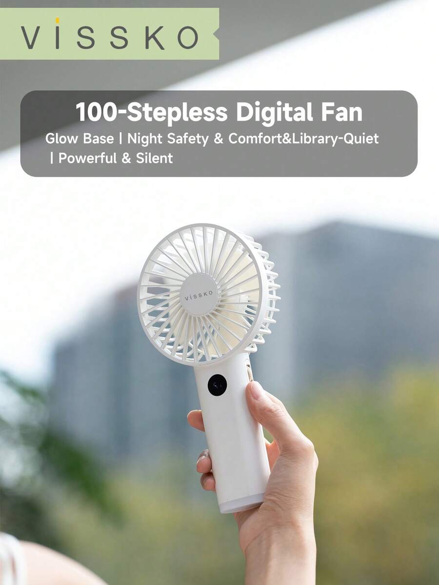 ViSSKO Portable Handheld Fan With Digital Display, 100 Speeds, 3600mAh Battery & Bottom Night Light Design