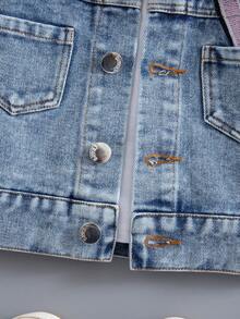 新款男女款婴幼儿蓝色牛仔长袖上衣，绣有英文字母，可爱休闲牛仔夹克 - 藍色 - 查看 12