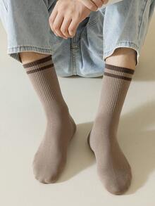 1/6 Pairs Men's Solid Striped Fleece Lined Comfortable Soft Casual Business Sports Mid-Calf Socks, Suitable For Daily Wear