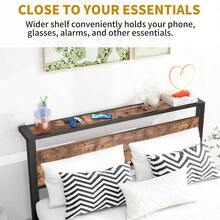 Full Bed Frame With Wood Storage HeadboardDouble Bed Frame No Box Spring Needed Strong Slats Mattr Foundation Easy Assembly Black+Brown