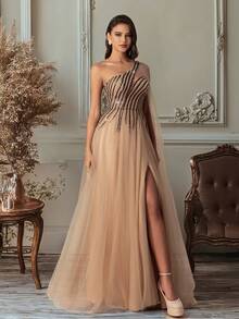 Vestido de Festa de Gala de Champanhe Transparente com Ombro Único, com Corpete Justo Listrado com Contas e Capa - Vestido de Baile Formal com Fenda Alta, Adequado para Ocasiões de Luxo - Caqui - Visão 3