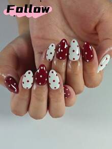10 件红色杏仁手工按压指甲、秋季短指甲、假指甲、圣诞指甲、乳白色指甲、波尔卡圆点指甲、可爱、美甲用品，适合女性派对、舞会、日常休闲装 - 彩色 - 查看 6