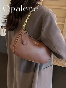 Retro Solid Color Shoulder Crossbody Bag For Women Crescent Pebbled Leather Office Purse Metal Chain Armpit Handbag For Commuting Travel Essentials - Coffee Brown - View 7