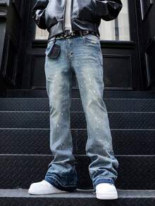 Celana Jeans Denim Stretch Slim Fit, Celana Jeans Kasual Katun Washed dengan Efek Usang, Celana Jeans Denim Washed dengan Kantong Miring untuk Pria, Celana Jeans Lurus Ringan untuk Bisnis Kasual, Cocok untuk Semua Musim - Biru - View 2