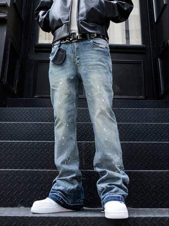 Slim fit stretchjeans, slitna tvättade bomullsjeans, tvättade denimbyxor med sneda fickor för män, lätta affärsjeans med raka ben, lämpliga för alla årstider