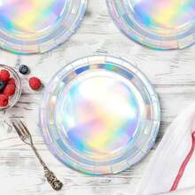 10/50/100pcs Rainbow Color Paper Plates, 7 Inch/9 Inch Round Disposable Party Plates, Holographic Rainbow Color Dessert Plates For Birthday, Baby Shower, Wedding, Dinner, Picnic