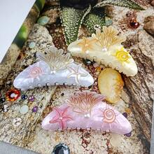 Presilha de cabelo de sereia com pérolas artificiais de alta qualidade (1 ou 2 unidades), presilha de cabelo em formato de estrela-do-mar, presilha de cabelo extra grande em formato de garra de tubarão, presilha de cabelo colorida 3D em acetato, acessório de cabelo de tamanho médio e pequeno para mulheres, ideal para festas, férias e praia - Presilha de cabelo com strass da série Oceano, acessório de cabelo para outono e inverno, presilha de cabelo com flor para looks de férias. - Multicolorido - Ver 6