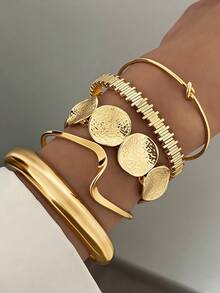 5pcs Vintage Exaggerated Luxurious Geometric Design Wide Metal Gold Bangle Set, Suitable For Daily Wear And Gift - Gold - View 2