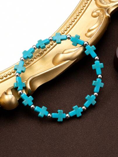1 szt. Modna, elastyczna bransoletka z koralikami w stylu vintage w stylu boho z turkusowym krzyżem, odpowiednia do codziennego noszenia, prezent chrześcijański dla mężczyzn i kobiet