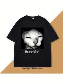 Men'S Casual Ibuprofen Cat Meme T-Shirt - Funny Graphic Tee With "Ibuprofen" Design White Crew Neck Short Sleeve Summer Streetwear For Adults Humorous Clothing |   Playful Graphic Tee |   Cotton Fabric Shirtgraphic Tees Men Shirts Streetwear White Shirt Black Shirt - 黑色 - 查看 1