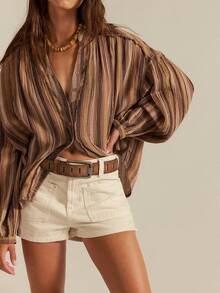 Women Front Button Down Vintage Plaid Striped Batwing Blouse Shirt Y2k Long Sleeve V Neck Gingham Frees Checkered Linen People Swing Crop Tops - 棕色 - 查看 2