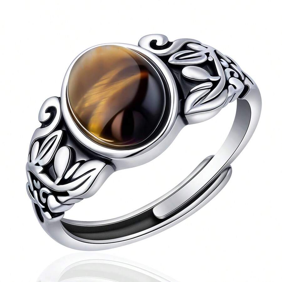 1pc 925 Sterling Silver Vintage Leaf Pattern Inlaid Tiger's Eye Stone Personalized Fashion Ring, Suitable For Everyday Casual Wear, Gift For Family And Friends On Holidays And Birthdays - Antique Silver - View 1