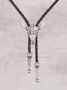 1pc Vintage Western Cowboy Style Alloy Metal Necklace For Men, With Bull's Head Carved Details, Gothic Style, Black Leather Braided Long Chain - Leather - View 6