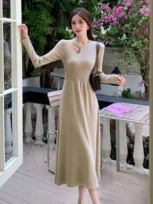 Autumn/Winter Korean Style Apricot Elegant Waist Cinched Cutout Shoulder Long Sleeve Women Sweater Dress