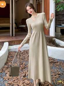 Autumn/Winter Korean Style Apricot Elegant Waist Cinched Cutout Shoulder Long Sleeve Women Sweater Dress