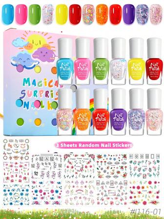 15pcs (12pcs Nail Polish + 3pcs Nail Stickers) Children Girls Nail Polish Water-Based Non-Bake Sticker Set, Macaron Cute Colors, Nude, Pearl, Ultra-Fine Glitter Nail Polish In Red, Yellow, Blue, Candy Colors, Glitter, Whitening, Flower Nail Stickers, Suitable For Kids Birthday Gifts, School Activities, Summer Vacation, Family Gatherings, DIY Accessories And Gifts