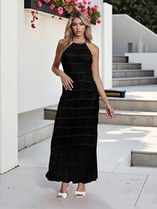 Women's Ruched Bodycon Long Dress Sleeveless Backless Solid Color Dress Cocktail Party Dress - Black - View 10