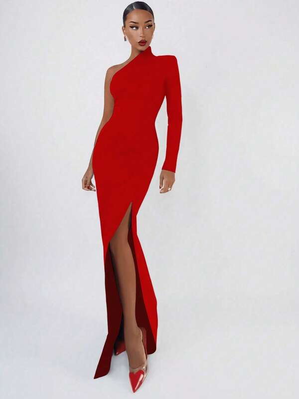 Christmas Women's Fashion Spring Summer Sexy Elegant Red Long Sleeve One Shoulder Long Bodycon Dress Party Cocktail Evening Dress Clothes