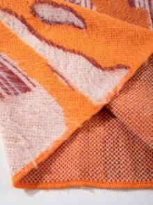 男女皆宜的蓬松抽象几何图案提花针织套头毛衣，休闲学院风，适合春、秋、冬三季穿着，长袖上衣 - 橘色 - 查看 7