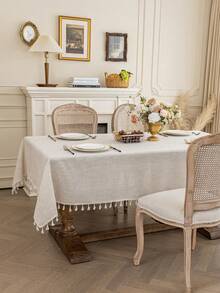 1pc Elegant Cream-Colored Linen Tassel Tablecloth, Rectangular European Style Coffee Table/Bedside Cabinet Cloth, Washable, Suitable For Farmhouse, Kitchen, Dining Table, Dinner, Family Gathering, Buffet, Wedding, Hotel Decor, Daily Home Decor, Thanksgiving Party Decoration