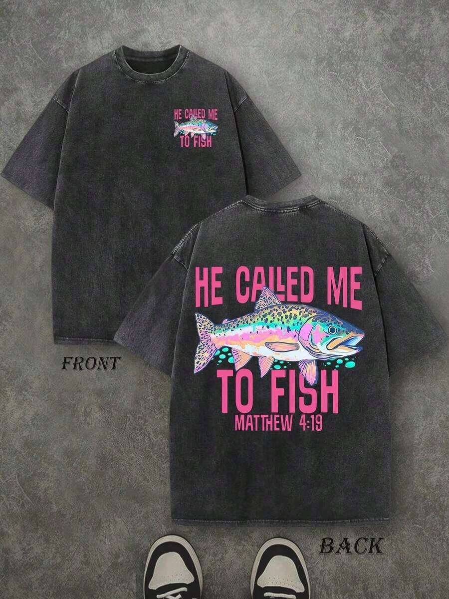 Retro Washed T-Shirt Double Sided Printed (230 Pure Cotton T-Shirt) 'HE CALLED ME TO FISH' Letter And FISH Pattern Print, Men's T-Shirt, Men's Casual Shirt, Comfortable, Fashionable T-Shirt, Street Style Cotton Unisex Plus Size Top - 黑色 - 查看 1