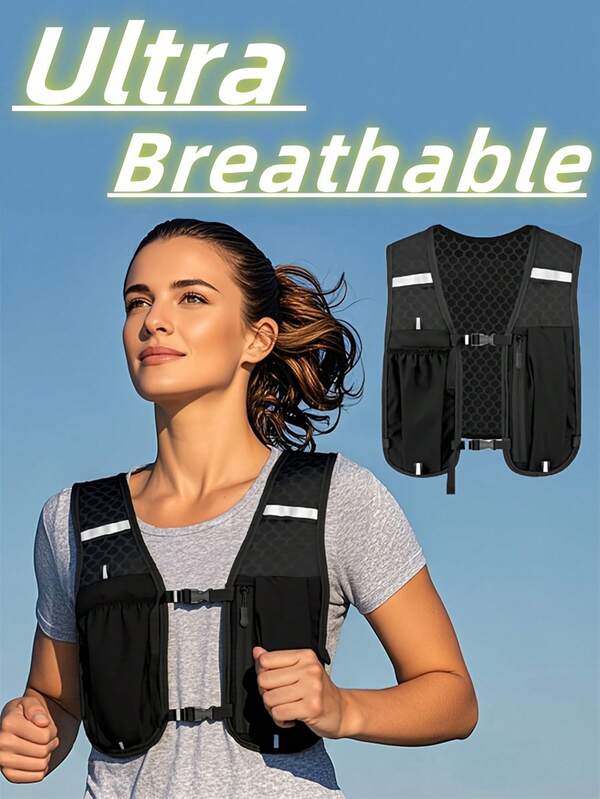 3/2/1pc Unisex Lightweight Sports Vest With Phone And Water Bottle Pockets In 5 Colors - Adjustable Shoulder Straps, Zippered Compartment, Mesh Back Design, Suitable For Running, Hiking, And Fitness - Black, Breathable