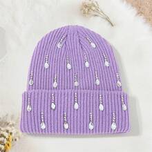 Knit Rhinestone Embellished Hat For Women, Winter Warm Beanies Cap For Outdoor Shopping, Dating, Ski - Màu tím - Xem 3