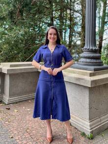 Rivera. Plain Short Sleeve Midi Dress WOMEN'S FASHION Summer - Màu xanh hải quân - Xem 4