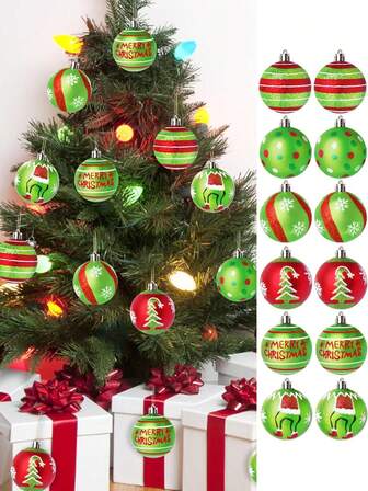 12 件圣诞树装饰球，圣诞树红绿闪光吊球吊坠，室内装饰吊坠，适用于圣诞装饰、礼品装饰、派对装饰