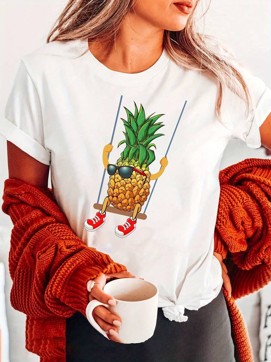 Women's Funny Swinging Pineapple Graphic T-Shirt - Black Crew Neck Tee With Fashion Glasses & Red Shoes Design, Casual Short Sleeve Top For Summer & Spring, Machine Washable - White - View 1