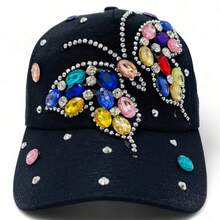 "Rainbow Butterfly" Bling Bling Bead BASEBALL CAP Adjustable, UV Protection, Perfect For Outdoor Activities, Casual - Hitam - View 2