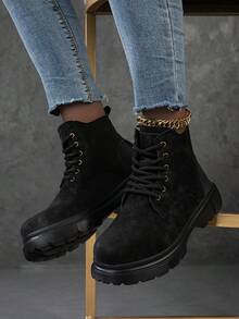 Fall/Winter 2025 New Women Minimalist Lace-Up Front Combat Boots, Outdoor Ankle Boots,Couple Style,Women Boots,Platform Boots - Black - View 5