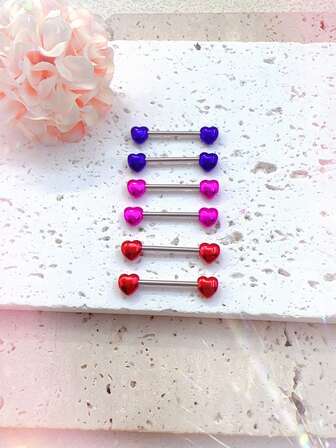 2pcs Heart-Shaped Nipple Rings, Red, Pink, Blue Heart Design 14G Piercing Nipple Rings, For Women
