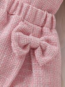 2pcs Baby Girls' Fashion Cute Casual Set - Bow Decor Mock Neck Top + Bow Pleated Skirt, Pink