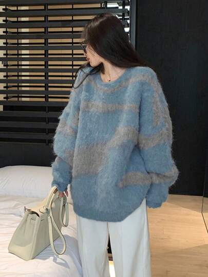 Áo len cổ tròn dáng rộng slouchy phong cách Hàn Quốc, len dệt mềm họa tiết tie-dye, ngách độc đáo cho mùa đông