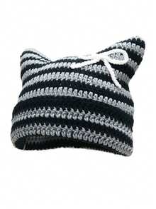 1pc Unisex Hand Knitted Cute Striped Cat Ear Beanie Hat, Autumn Winter Warm Ear Protective Handmade Striped Ski Mask Street Fashion Hip-Hop Couple Headwear - Multicolor - View 48