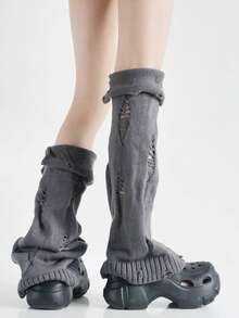 Harajuku Subculture Distressed Y2K Style High Value Babe Side Slit Cuff Knit Layered Sock Sheath Over Knee Long Length Lazy Street Design - 白色 - 查看 9