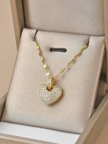 1pc Women's Rhinestone Heart Stainless Steel Delicate Necklace - Yellow Gold - View 4