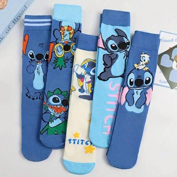 1Pair/5 Pairs Of Stitch Cartoon Women's Socks, Personalized Couple Men's Knitted Mid Tube Socks, Anime Cartoon Series Sports Socks, Simple Daily Wear, Lightweight And Comfortable Mid Tube Socks, Fresh Daily Wear